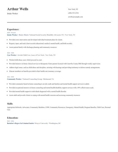 Intake Worker Resume