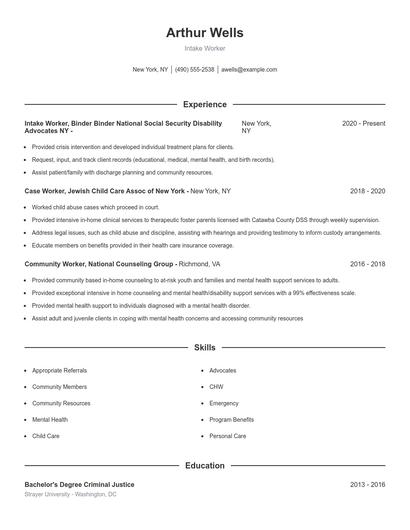 Intake Worker Resume