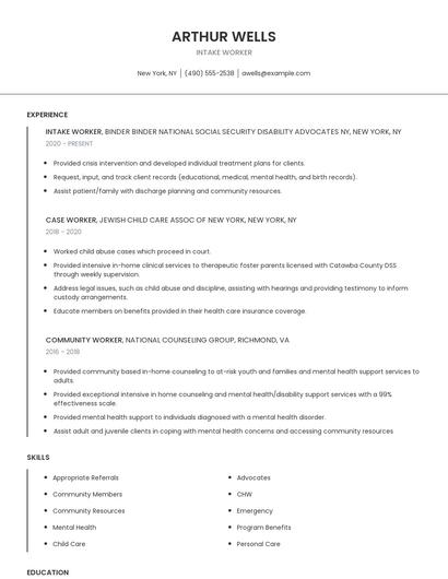 Intake Worker Resume