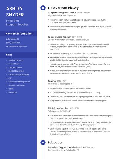 Integrated Program Teacher Resume