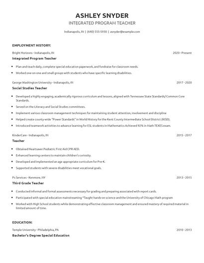 Integrated Program Teacher Resume