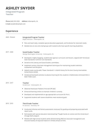 Integrated Program Teacher Resume