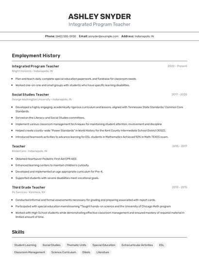 Integrated Program Teacher Resume