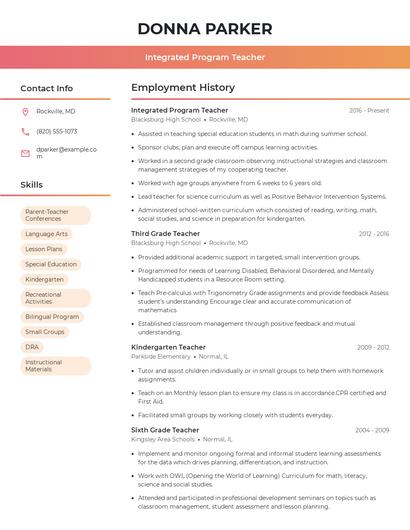 Integrated Program Teacher Resume