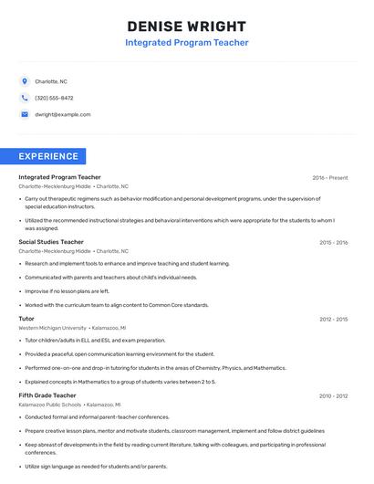 Integrated Program Teacher Resume