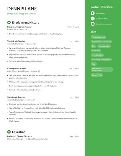 Integrated Program Teacher Resume