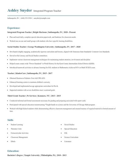 Integrated Program Teacher Resume