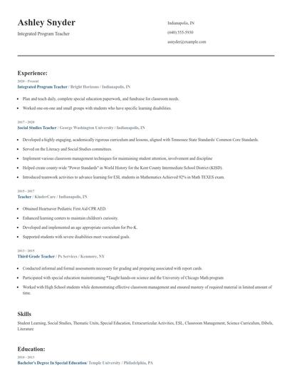 Integrated Program Teacher Resume