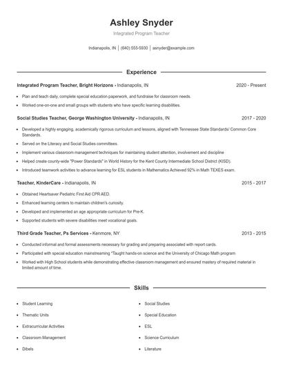 Integrated Program Teacher Resume