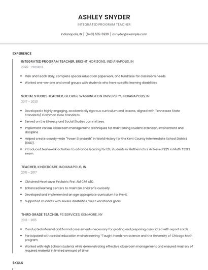 Integrated Program Teacher Resume