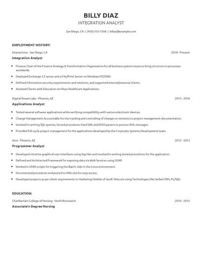 Integration Analyst Resume