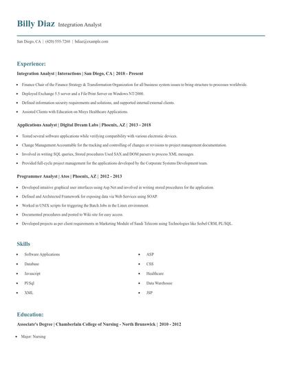 Integration Analyst Resume