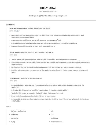 Integration Analyst Resume
