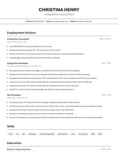 Integration Consultant Resume