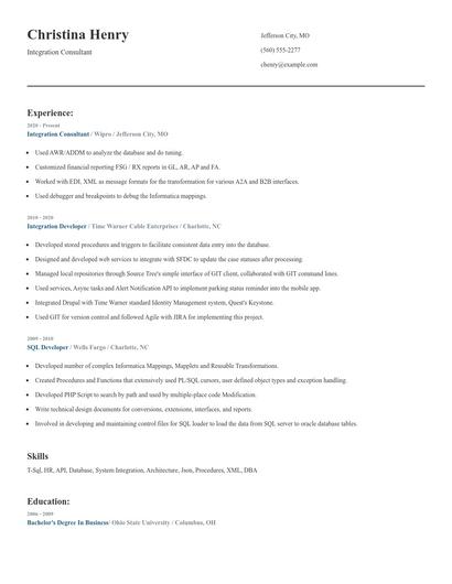 Integration Consultant Resume