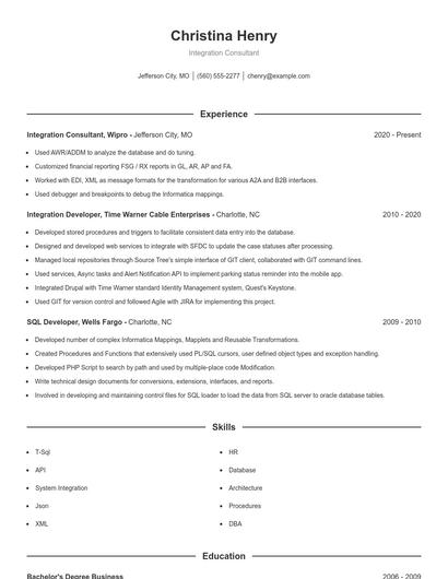 Integration Consultant Resume