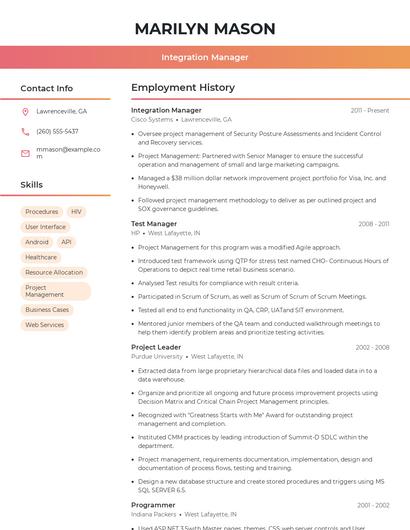 Integration Manager Resume