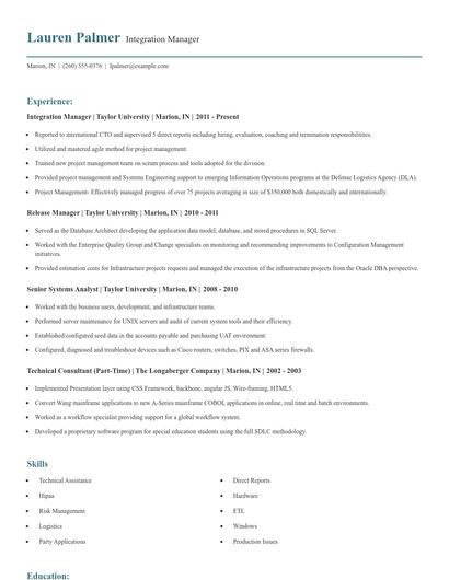 Integration Manager Resume