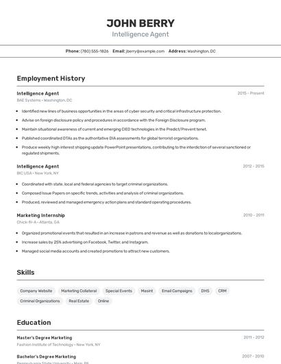 Intelligence Agent Resume