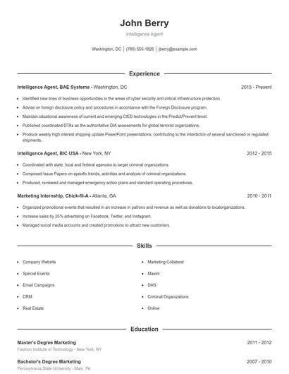 Intelligence Agent Resume
