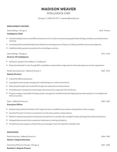 Intelligence Chief Resume