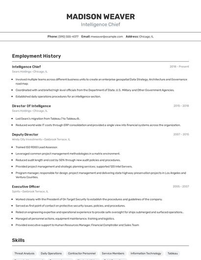 Intelligence Chief Resume