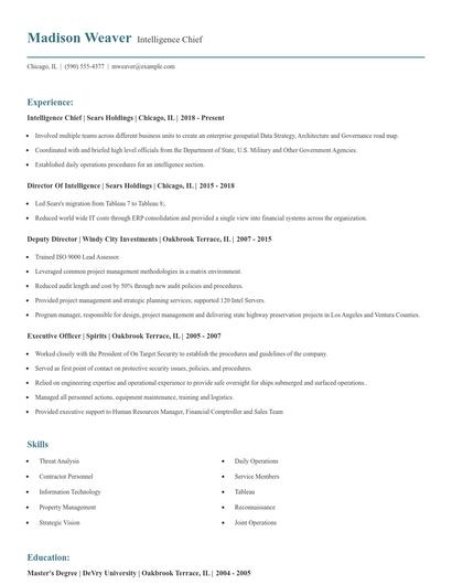 Intelligence Chief Resume