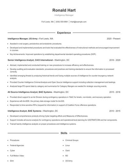 Intelligence Manager Resume
