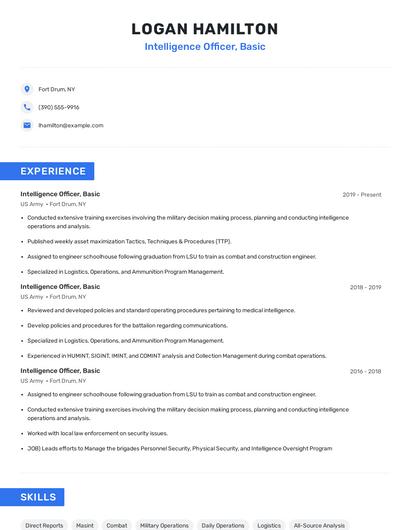Intelligence Officer, Basic Resume