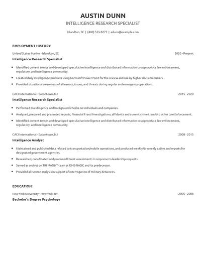 Intelligence Research Specialist Resume