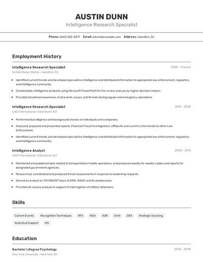 Intelligence Research Specialist Resume