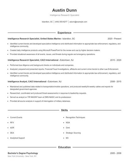 Intelligence Research Specialist Resume