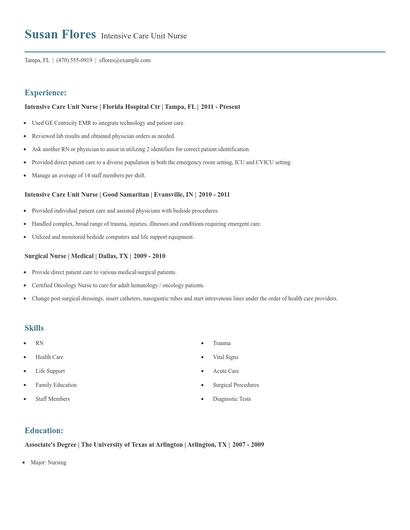 Intensive Care Unit Nurse Resume