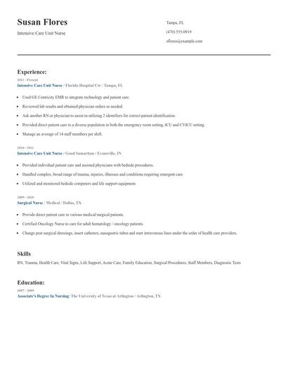 Intensive Care Unit Nurse Resume