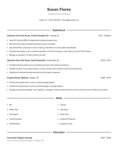 Intensive Care Unit Nurse Resume