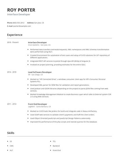 Interface Developer Resume