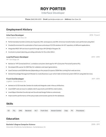 Interface Developer Resume