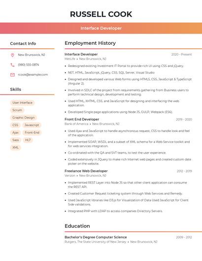 Interface Developer Resume