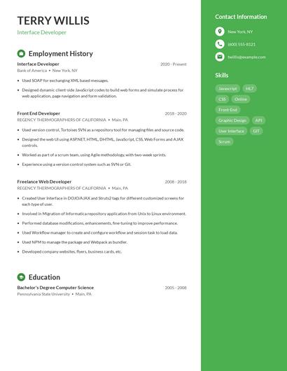 Interface Developer Resume