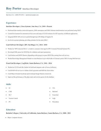 Interface Developer Resume