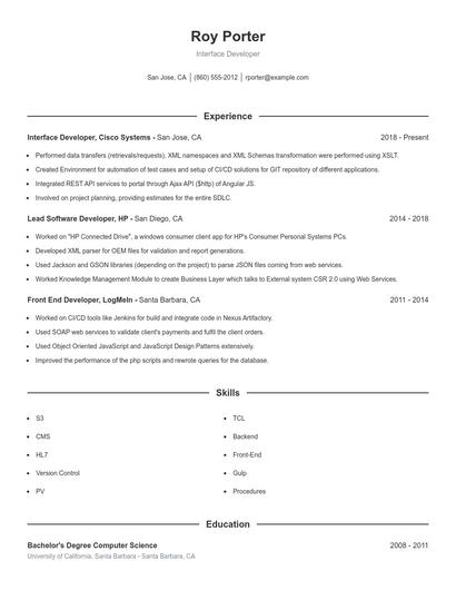 Interface Developer Resume