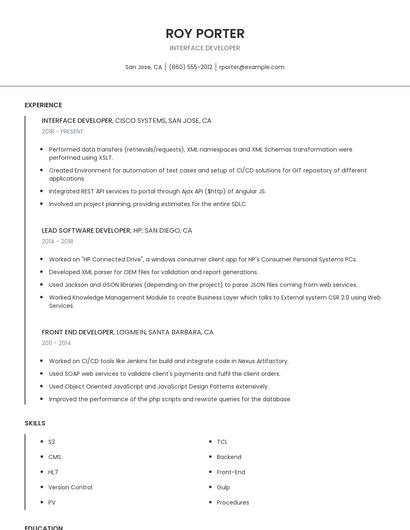 Interface Developer Resume
