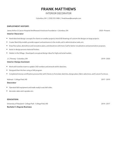 Interior Decorator Resume