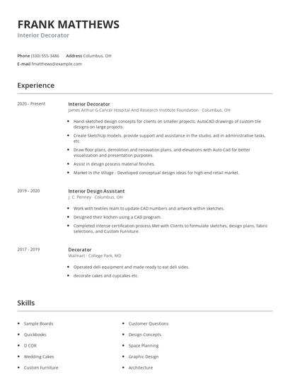 Interior Decorator Resume