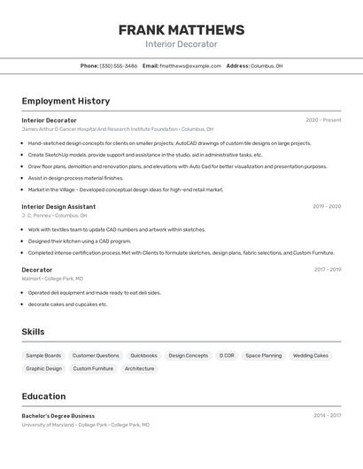 Interior Decorator Resume