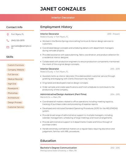 Interior Decorator Resume