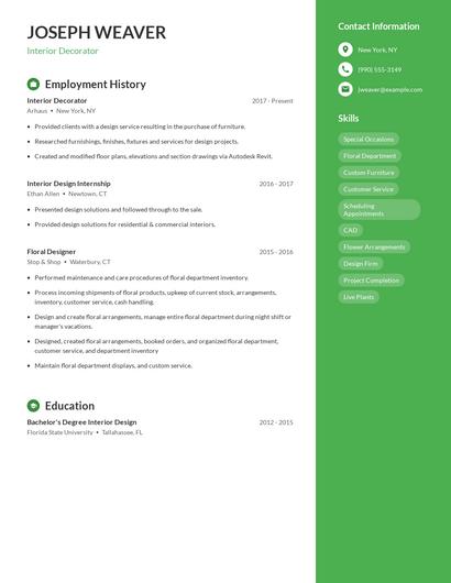 Interior Decorator Resume