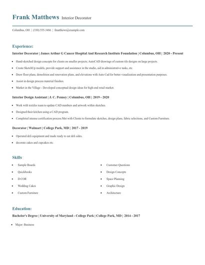 Interior Decorator Resume