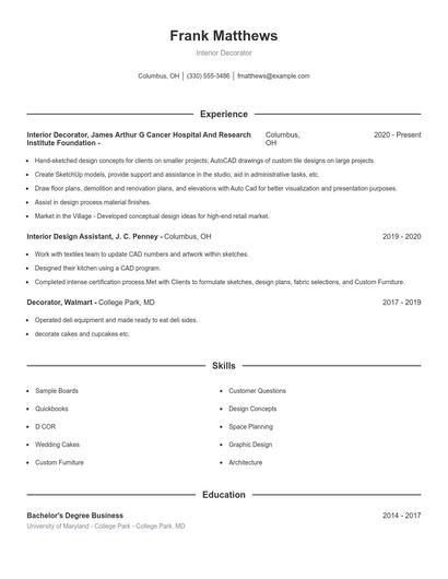 Interior Decorator Resume