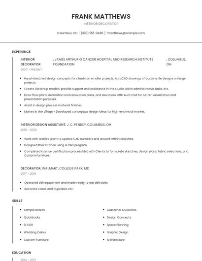 Interior Decorator Resume